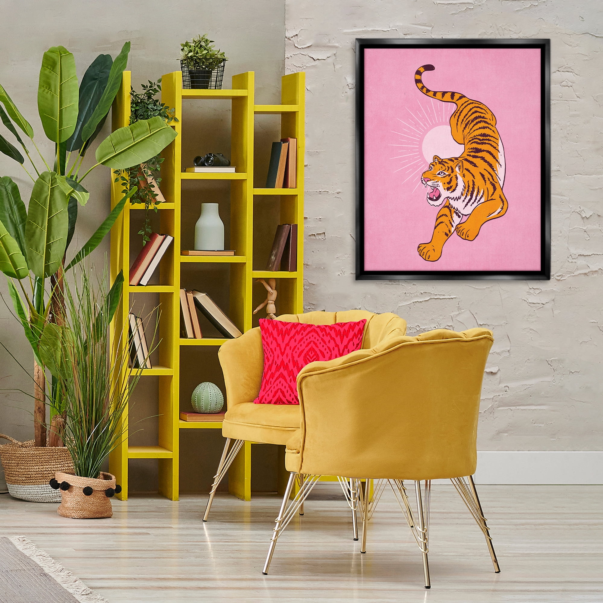 Stupell Industries Preppy Roaring Tiger Animals Painting Black Floater Framed Canvas Art Print Wall Art, 25 x 31