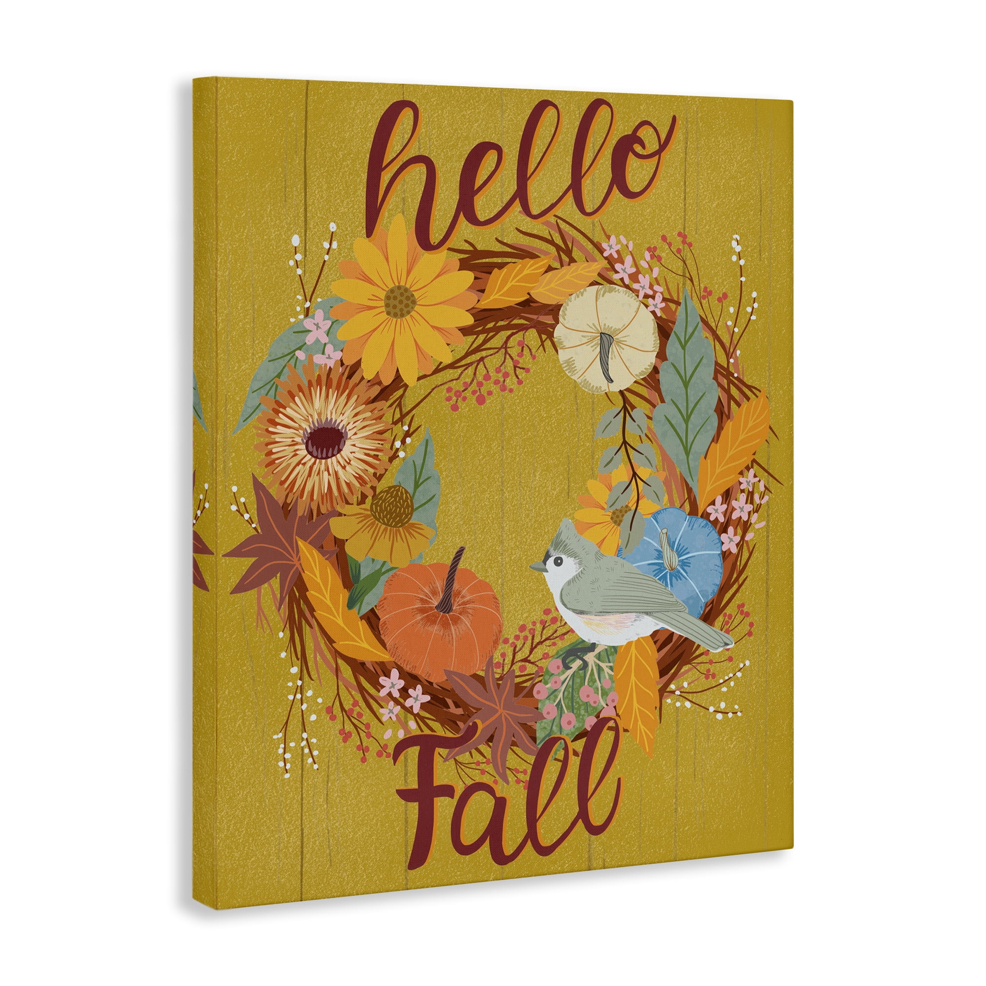 Stupell Industries Hello Fall Bird Wreath Animals Painting Wrapped Canvas Art Print Wall Art, 16 x 20