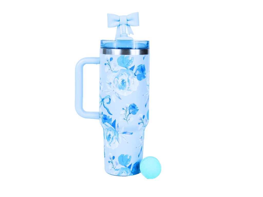 Hi Peach Layne Blue Floral Tumbler 40oz with Straw, Handle, & 30g Bath Bomb Inside, Limited Edition