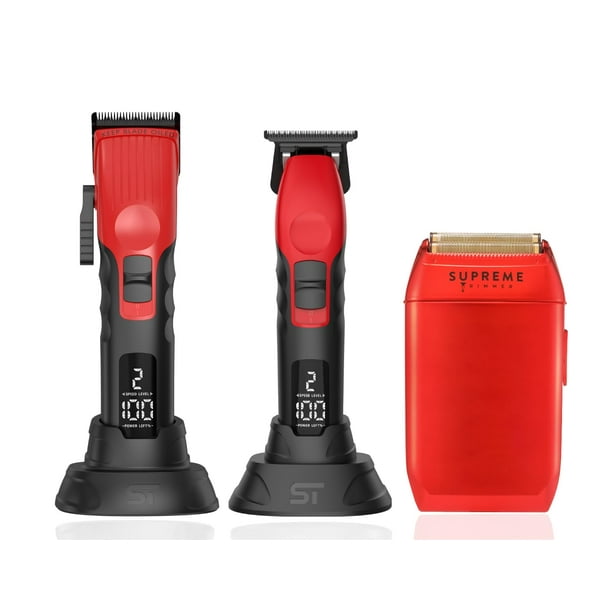 Paquete de barbero Supreme Trimmer 3 en 1 | Cortapelos de 2 velocidades, recortadora de 2 velocidades y afeitadora Crunch Foil | Kit cortapelos profesional para hombre | Rojo