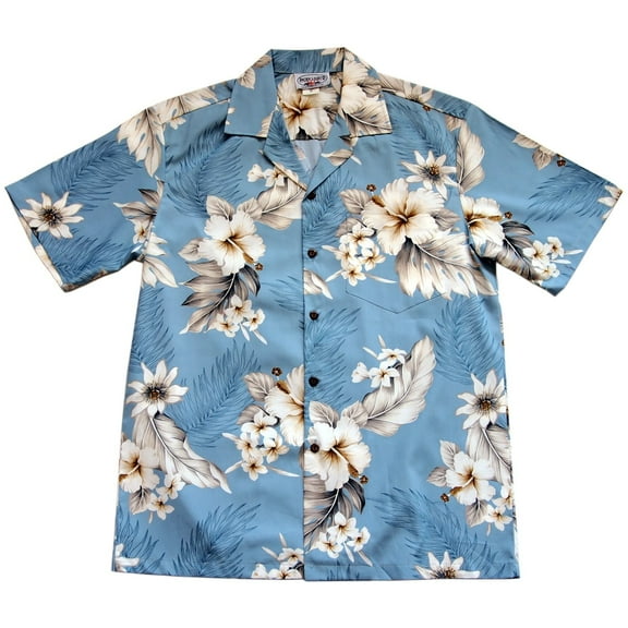 Pacific Legend Mens Blue Plumeria Hibiscus Hawaiian Shirt