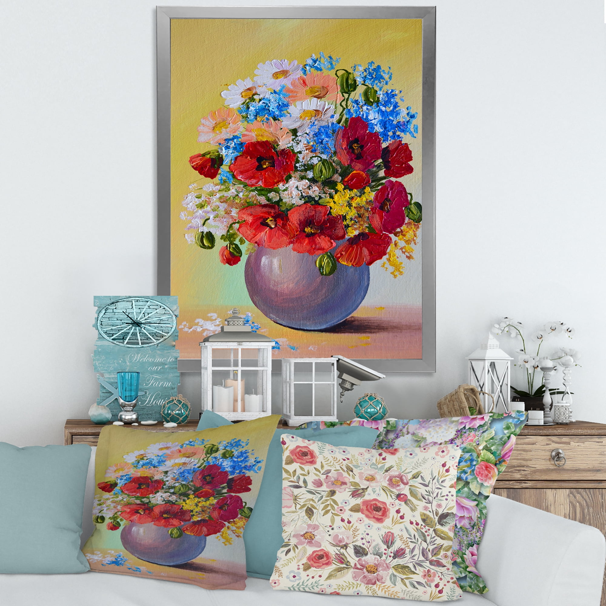 Designart 'Still Life A Bouquet Of Blue and Red Flowers' Traditional Framed Art Print