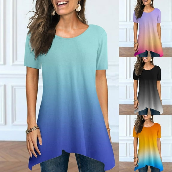 Inverlee T Shirts for Women Crewneck Trendy Short Sleeve Tops Loose Fit Gradient Print Shirts Flowy Work Tunic Blouse Tee Summer Fashion