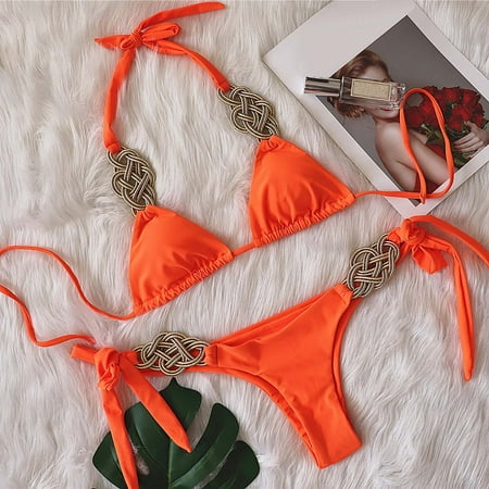 

Finelylove Swimsuit Women Two Piece Lightly Lined Sport Bra Style Bikini Orange M