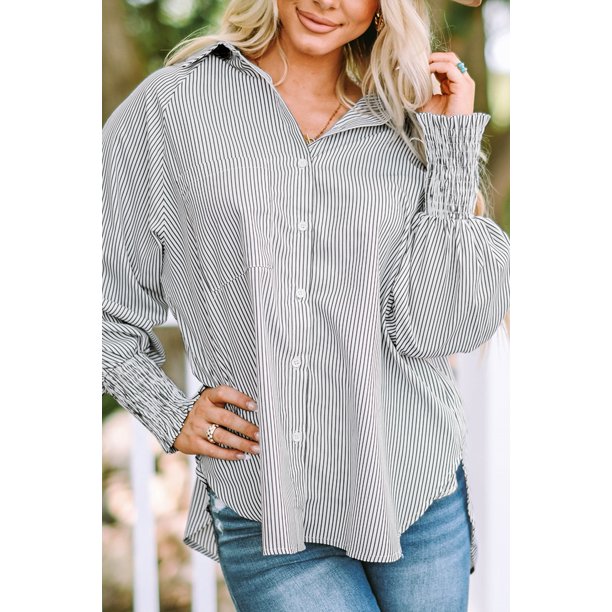 ABPHQTO Camisa Boyfriend a rayas con puños fruncidos y bolsillo para mujer