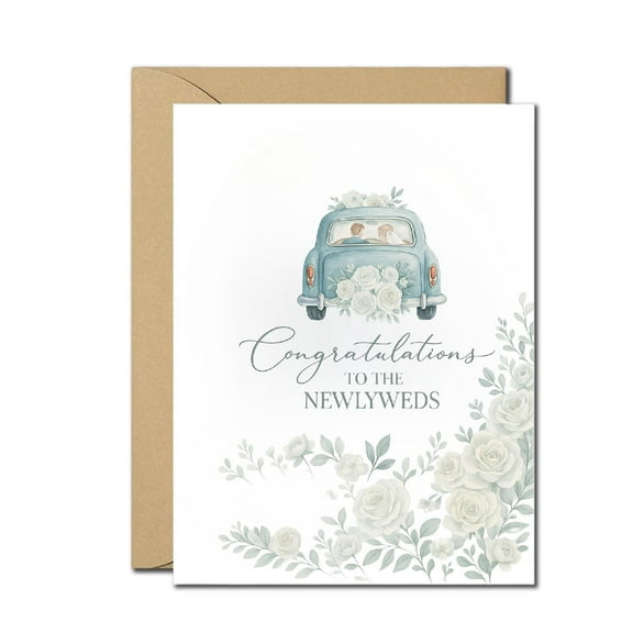 Charming Wedding Congratulations Card - Beautifully Illustrated with Blue Car and Floral Design