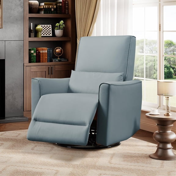 Swivel Rocking Recliner Chair, Upholstered Faux Leather Glider with Lumbar Support, High Backrest & Padded Armest, Manual Nursery Recliner for Living Room (Light Gray)