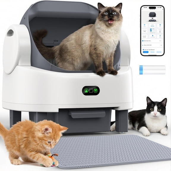 Smart Self-Cleaning Litter Box for Multiple Cats - Automatic Open-Top Cat Litter Box with App Control, 12 Safety Sensors & Odor Control - Includes Litter Liner Bags & Waterproof Litter Mat - White