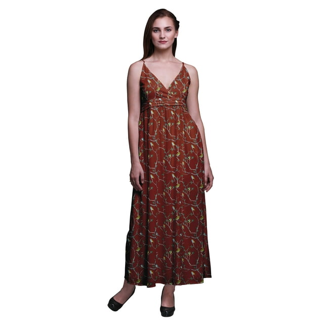 Bimba Robe Longue Maxi à Bretelles Spaghetti Ajustables Imprimée d'Oiseaux, Tenue de Plage d'Été - Moyen
