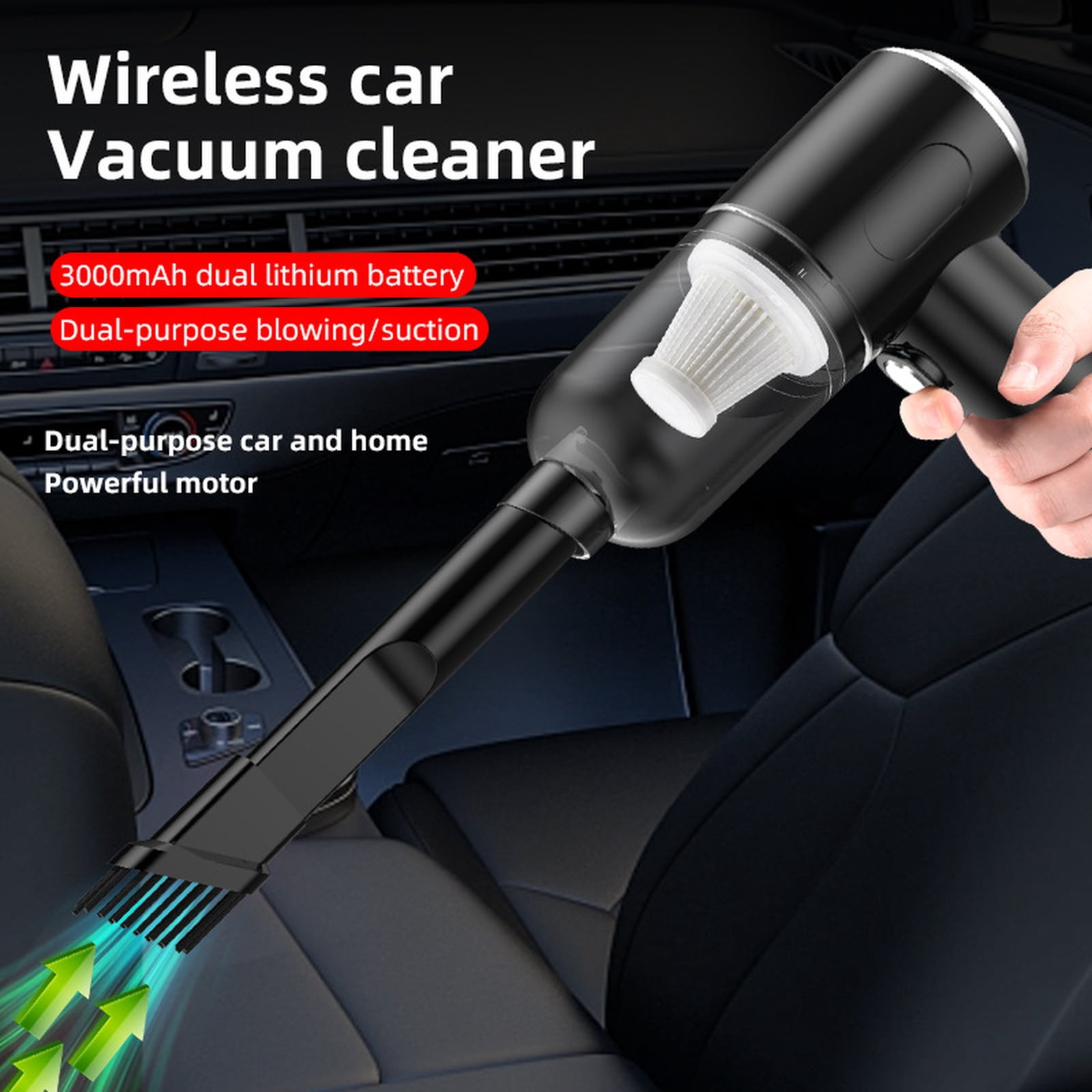 Cordless Car Vacuum Cleaner, High Power Mini Rechargeable Handheld Vacuum with Blowing, Suction & Lighting Functions - for Car Cleaning, Home Use, Pet Hair Removal - Black