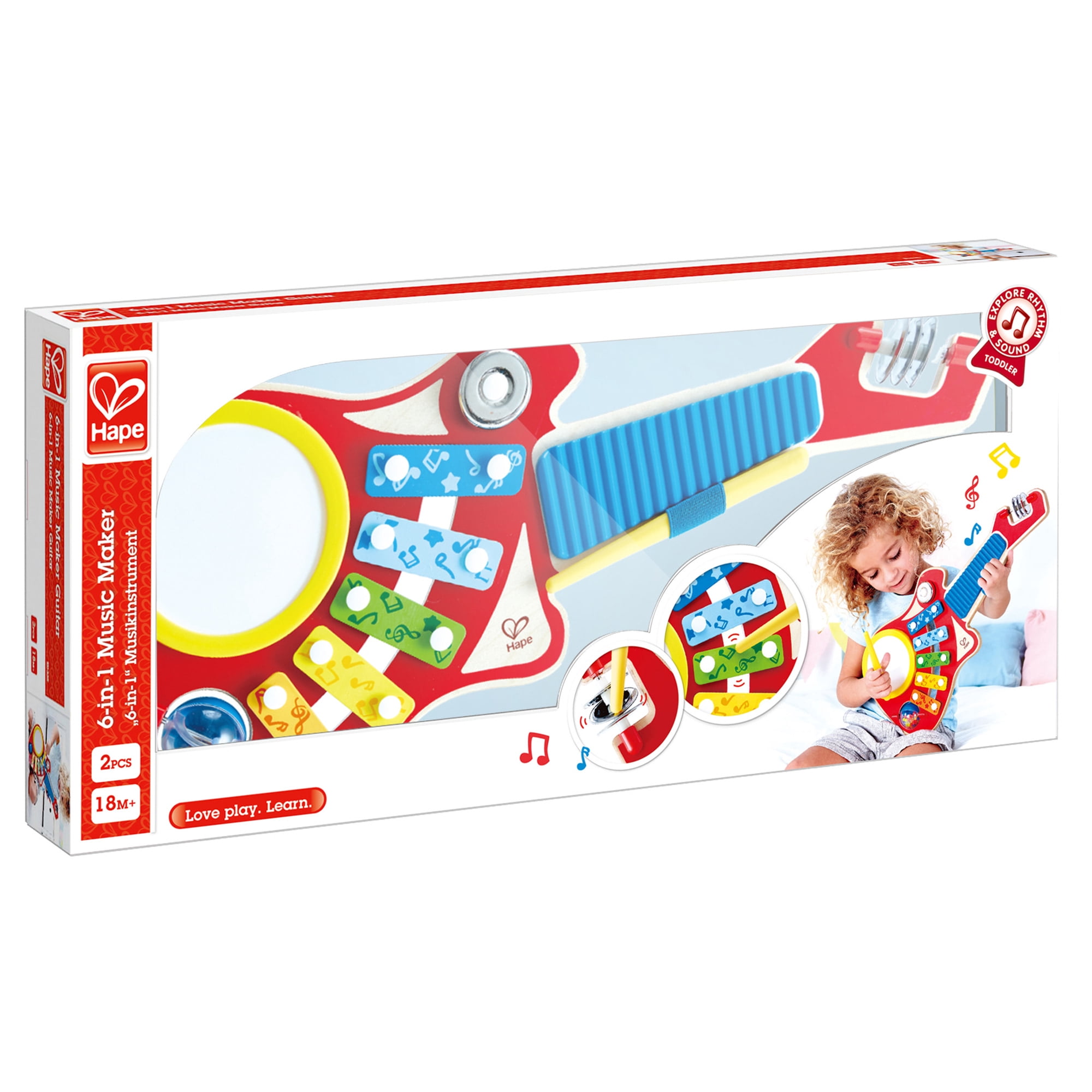 Hape: 6-In-1 Music Maker - Rainbow Colors, Wooden Guitar Shaped Musical Toy, 6 Instrument To Play, 19.2 x 18.9 x 8.7", Toddler & Kids Ages 18mo+