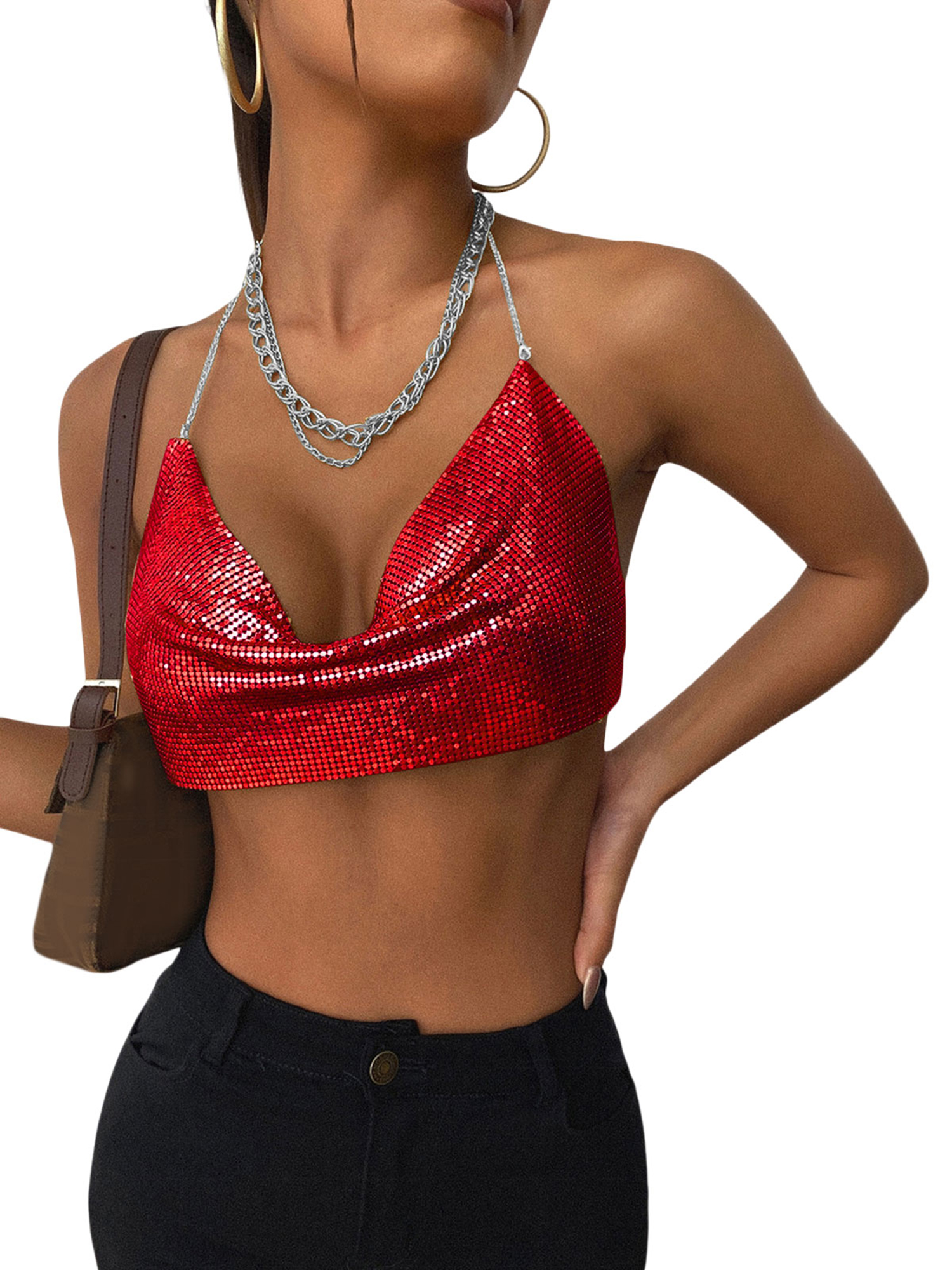 hirigin Women's Halter Crop Cami Tops, Sparkle Metal Sequin