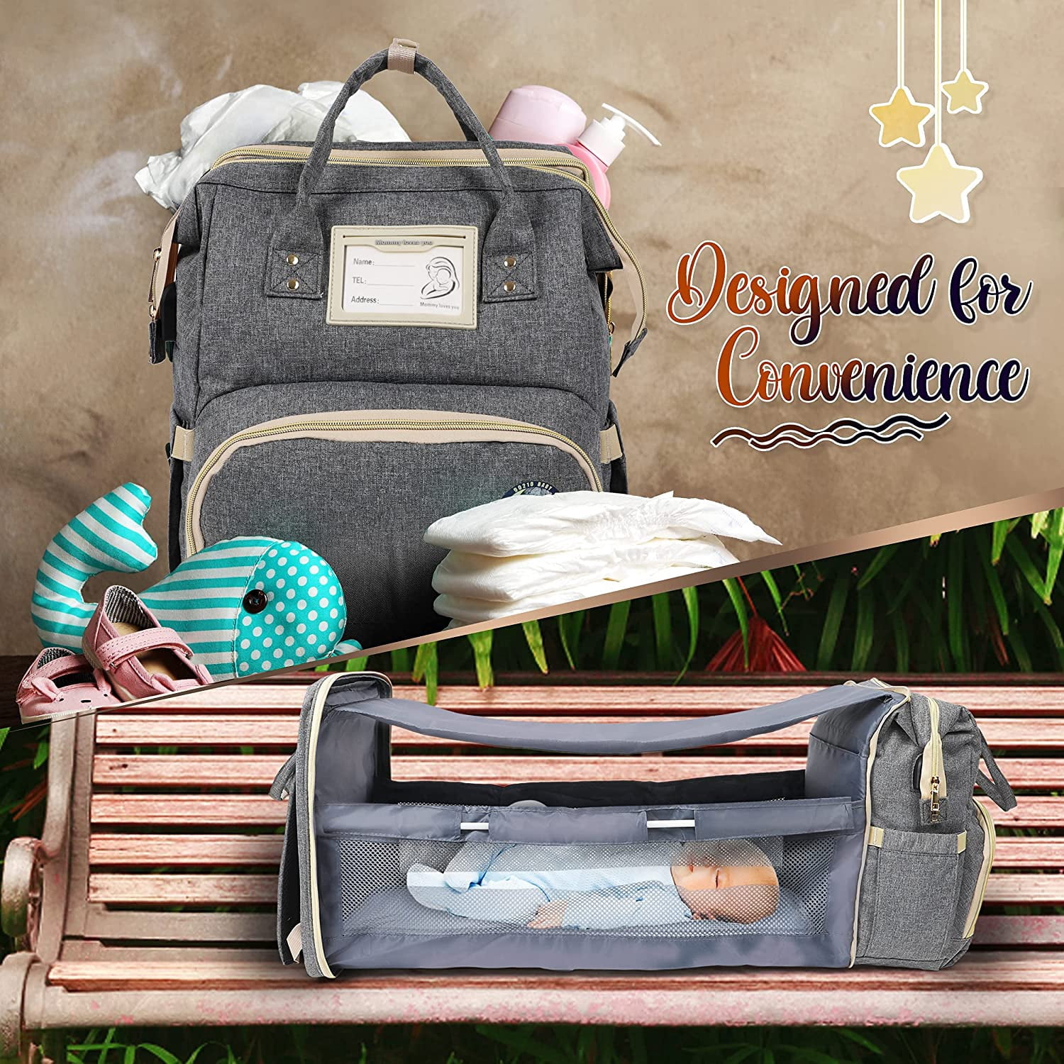 Baby Diaper Bag with Changing Station – Diaper Bag Backpack and USB Port, Insulated Bottle Bag, Mosquito Net, Sunshade – Comfortable and Stylish with Practical Stroller Hooks (Grey)