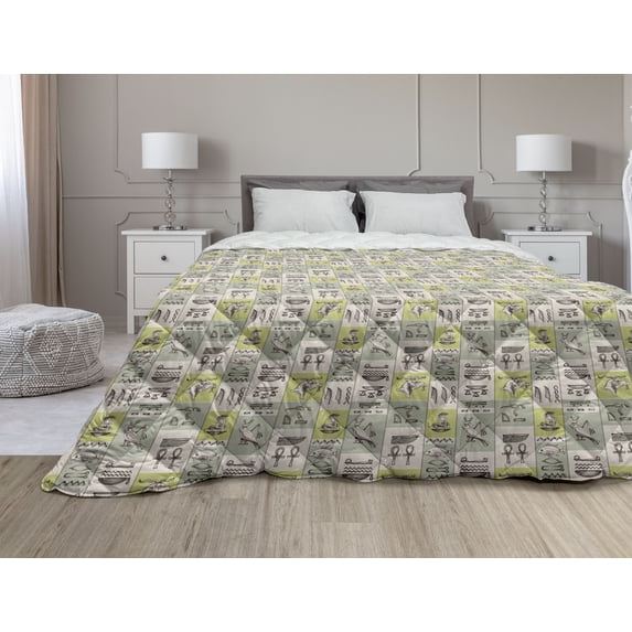 Egyptian Print Down Alternative Comforter, Head of an Indigenous Jackal Antiquities History, Microfiber Quilt for All Season, 5 Sizes, Yellow Black and Grey, by Ambesonne