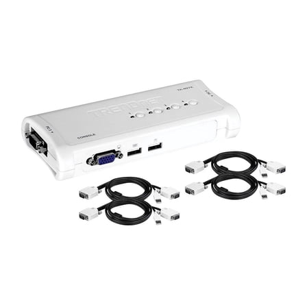 TRENDnet 4-Port USB KVM Switch Kit, VGA And USB Connections, 2048 x 1536 Resolution, Cabling Included, Control Up To 4 Computers, Compliant With Window, Linux, and Mac OS, White, TK-407K