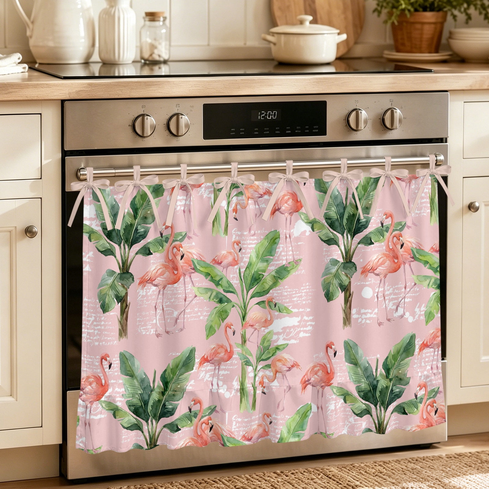 Oven Skirt Curtain for Kitchen 20x27 Inch Tropical Pink Flamingos Oven Curtain with 8 Ribbon Ties & Ruffle Trim Stove Skirt Curtain Dishwasher for Cabinets Over Sinks Summer Pink Coastal Palm Trees