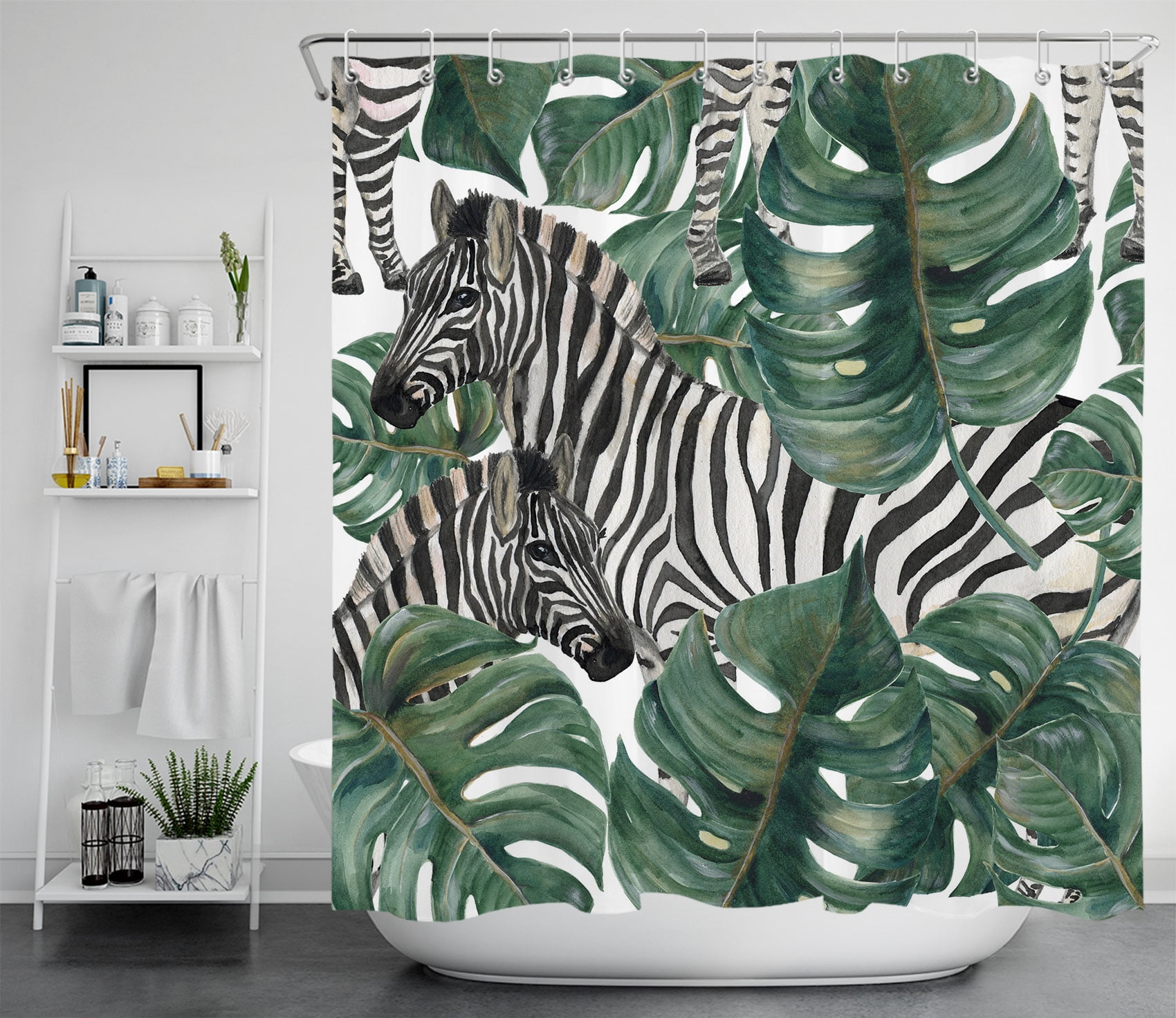 HVEST Tropical Shower Curtain Zebra and Monstera watercolor Shower