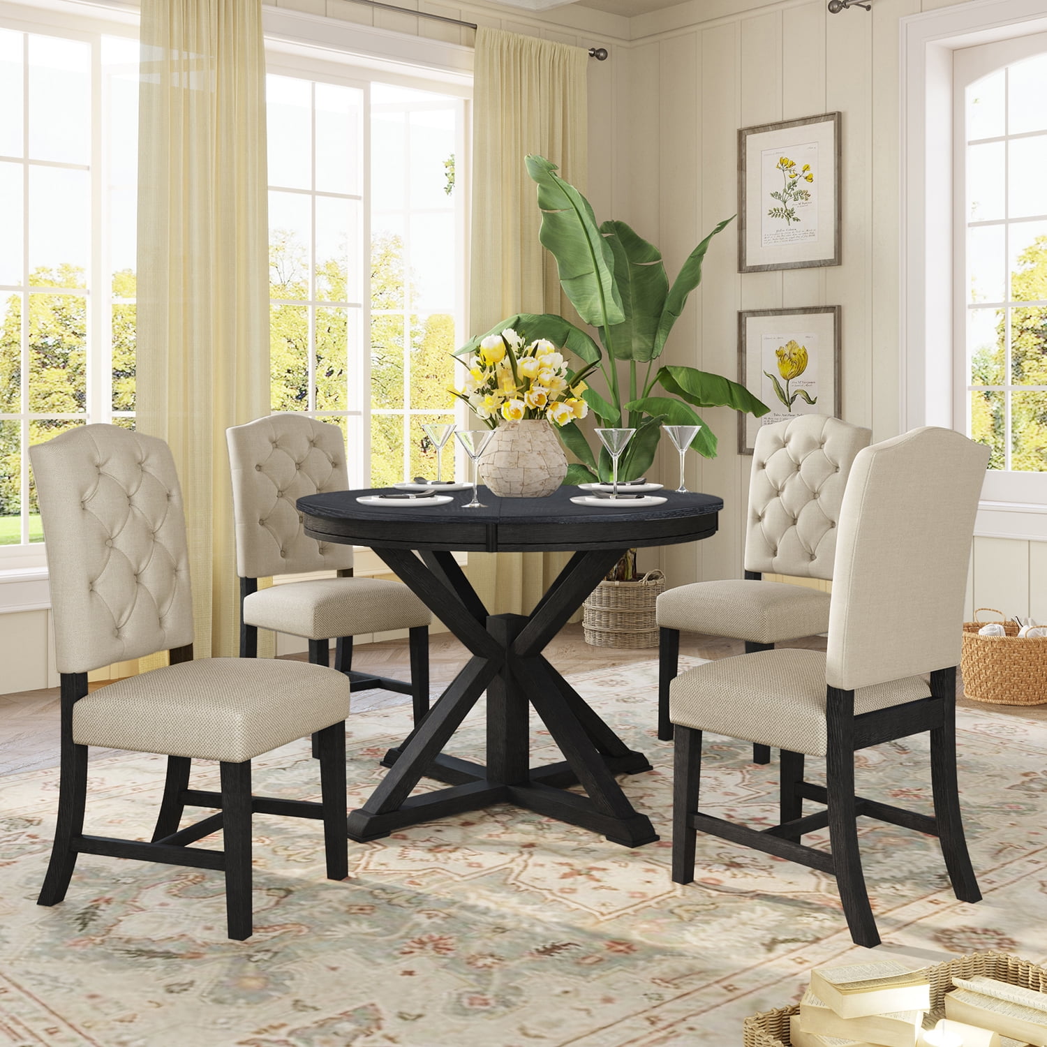 Kadyn Retro Style Dining Table Set, Solid Wood Kitchen Table Set with Extendable Table and 4 Upholstered Chairs, Farmhouse Dining Table Set for Kitchen, Espresso Kadyn Retro Style Dining Table Set, Solid Wood Kitchen Table Set with Extendable Table and 4 Upholstered Chairs, Farmhouse Dining Table Set for Kitchen, Espresso