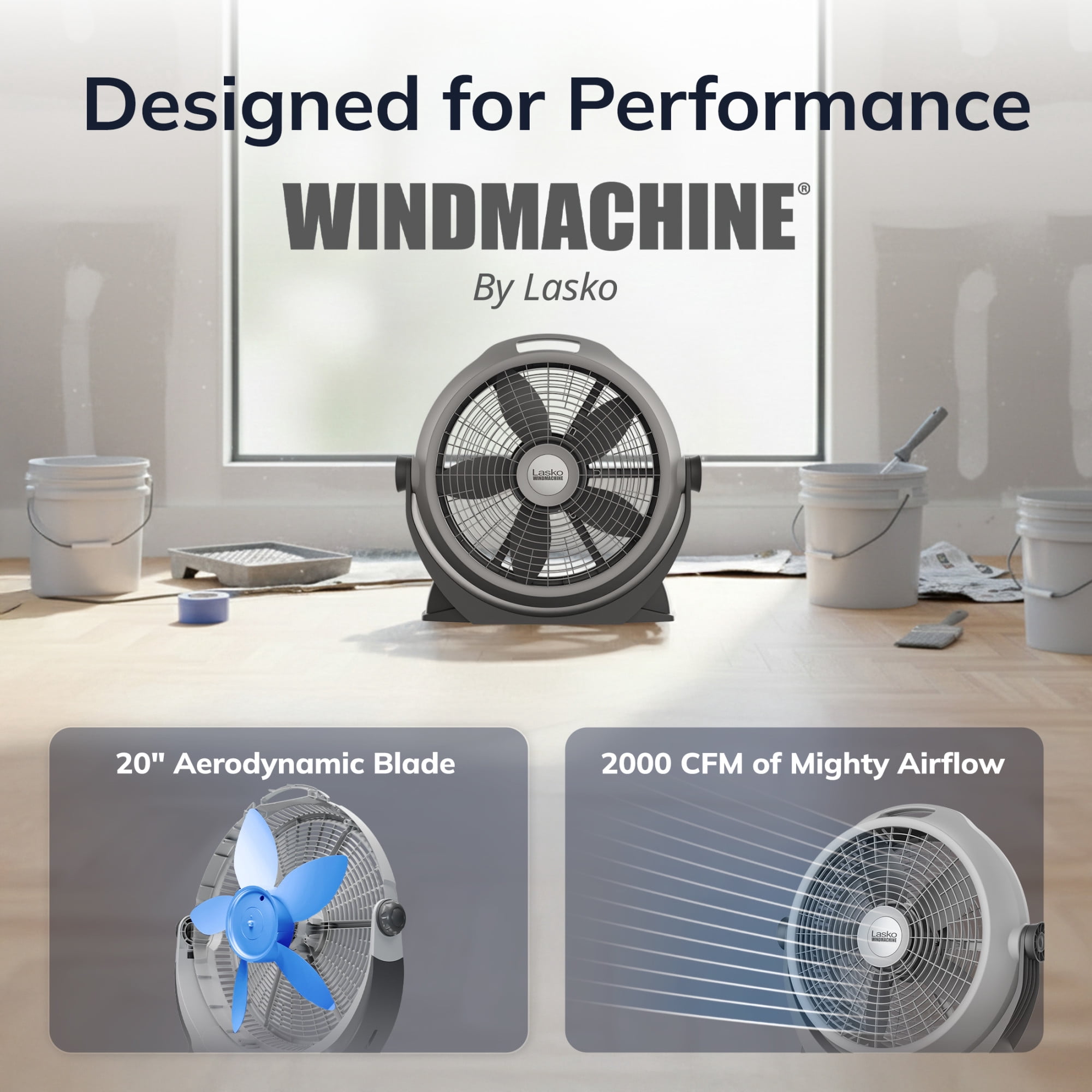 Lasko WindMachine 20" Large Floor Fan with Pivoting Head for Whole Room Cooling, Portable Indoor 3-Speed Air Circulator, Gray, A20304
