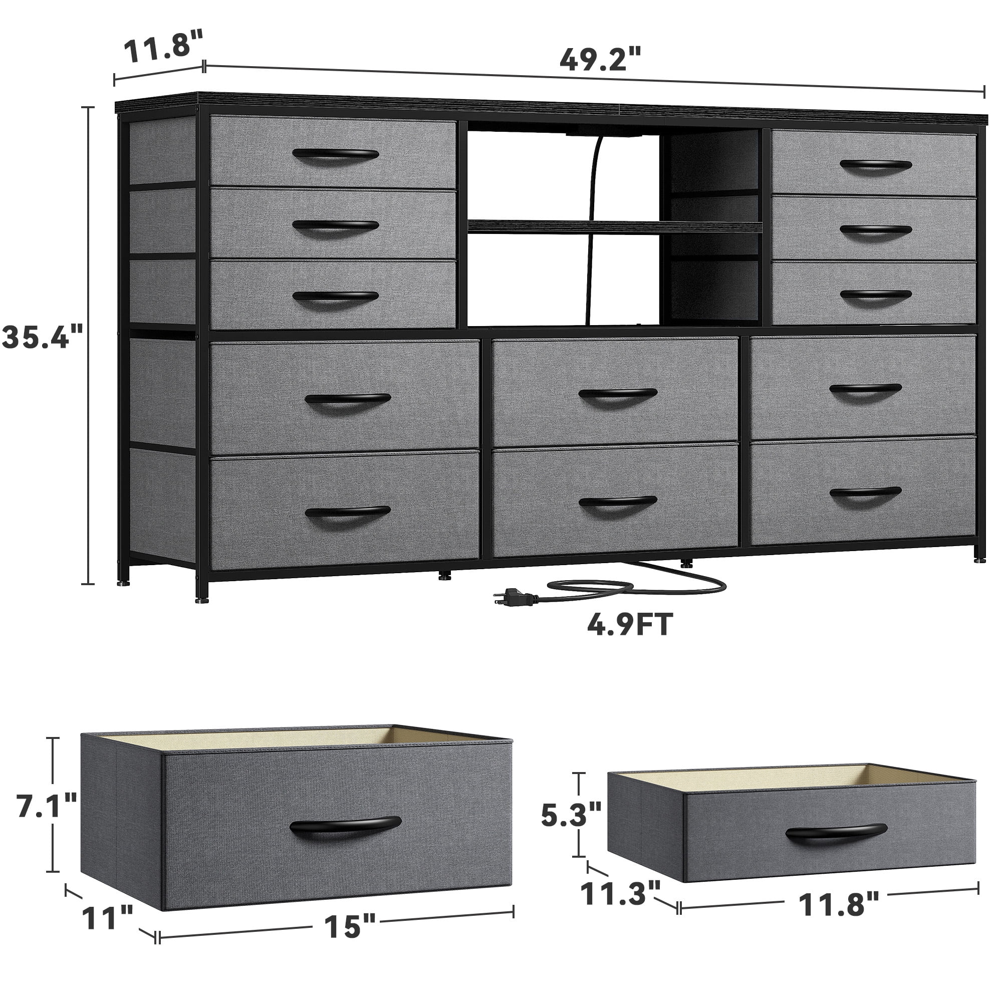 EnHomee Wide Dressers for Bedroom TV Stand for Living Room LED 12 Fabric Drawers Storage Dresser with Power Outlet,49.2''L Grey