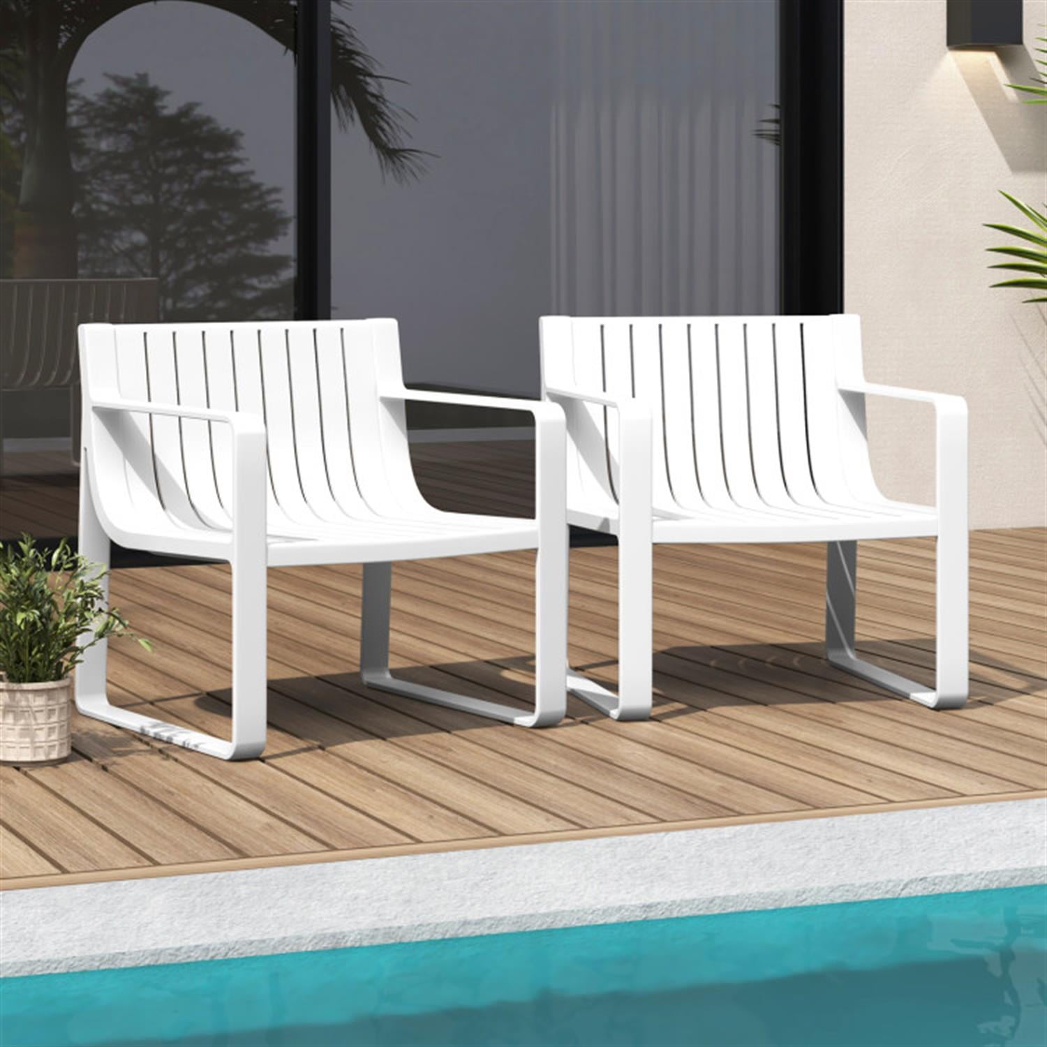 Demi Bonn Patio Chairs Set of 2 with Curved Backrests and Seats, Outdoor Accent Furniture Fire Pit Lounge Chairs for Yard, Garden, White