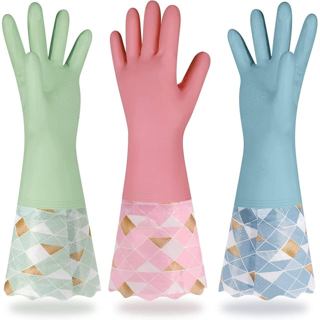 Yiomxhi - Guantes de limpieza para el hogar, 3 pares de guantes reutilizables para lavar platos, sin látex, guantes de cocina antideslizantes con forro de algodón, guantes impermeables