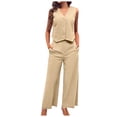 thumbnail image 2 of Riforla Women's 2 Piece Cotton Casual Outfits Womens Button Sleeveless Vest Shirt Straight Wide Leg Trousers with Pockets 2 Piece Sets for Women Khaki XL, 2 of 7