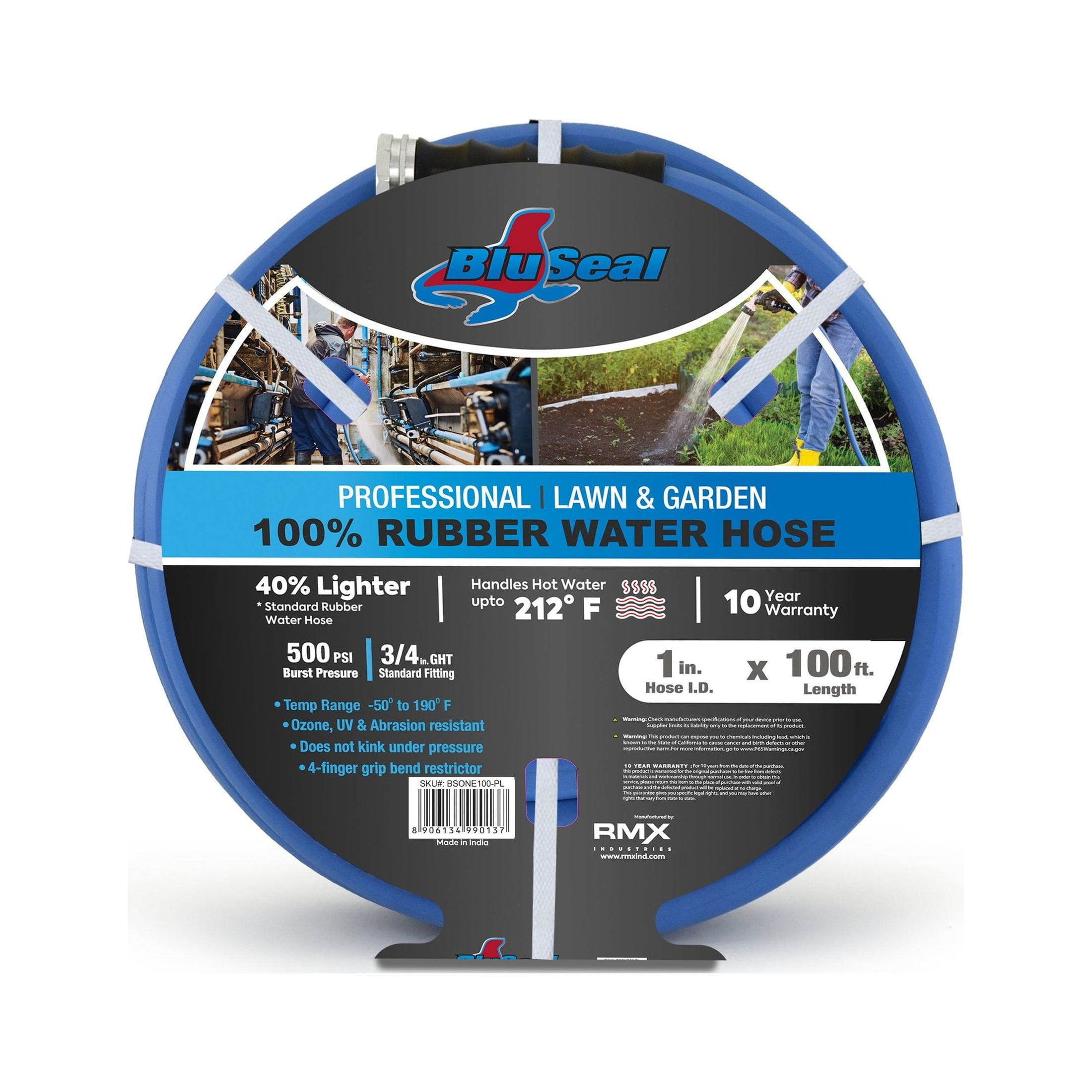 BluBird BluSeal 1" Lawn Garden Water Hose Hot/ Cold Lightweight Professional Grade 100% Rubber Hose - 100 Feet