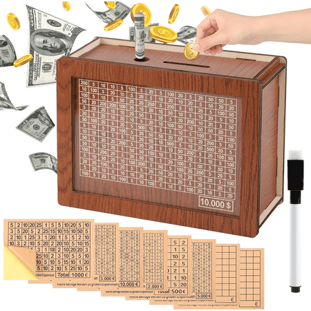 Vongem 10000 Savings Challenge Box, Wooden Money Box for Cash, Money Saving Box with Couting Target, Piggy Bank for Adults Kids, Coin Bank for Boys and Girls, Wooden Cash Savings Box for Savings Goal