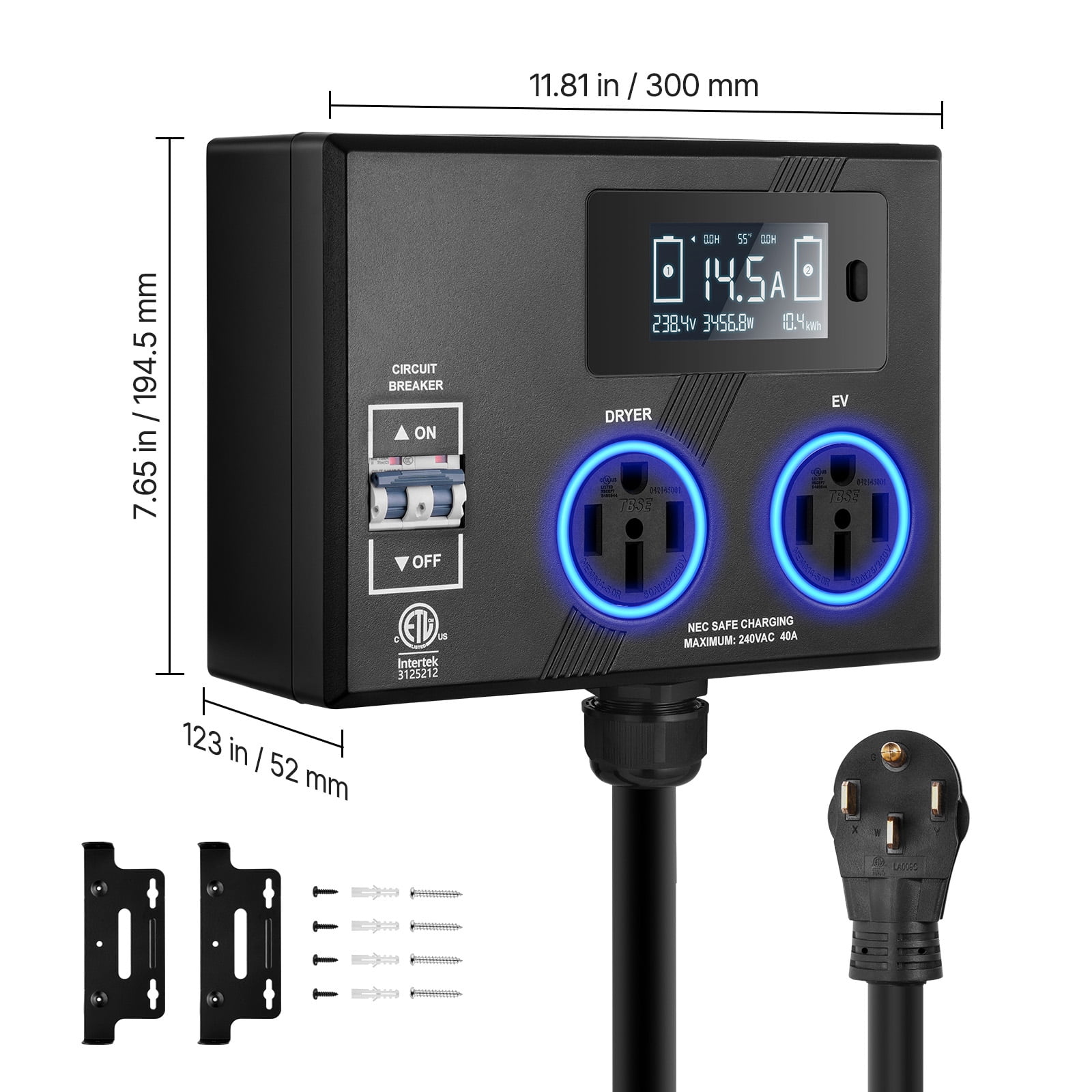 KFFKFF NEMA Distributor for Dryer and EV, Tri-Color LED Display, 240V Intelligent Power Allocation, Equipped with NEMA 14-50 Plug, Dual NEMA 14-50 Sockets, 3.4'' LCD Monitor