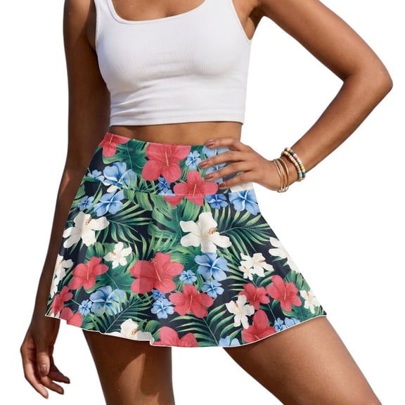 Xoenoiee Tropical Hibiscus Plumeria Palm Leaves Print Tennis Skirts for Women Pleated Athletic Skort Lightweight Golf Skirts with Shorts Pocket Workout Pickleball, Size S