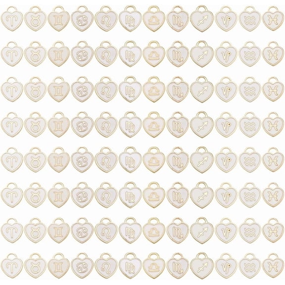 96 Pcs Twelve Constellation Heart Charms 12 Styles Zodiac Sign Pendants White Enamel Love Heart Charms for DIY Earrings Necklace Bracelet Jewelry Making
