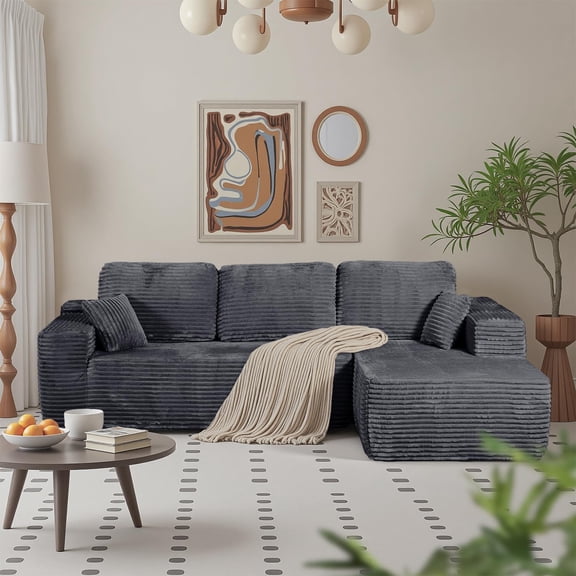 MAGIWITY 105-inch Boneless Cloud Sofa, L-Shaped Modular Sectional, Deep Seat, Skin-Friendly Corduroy, No Assembly, Right Facing Chaise, Dark Grey