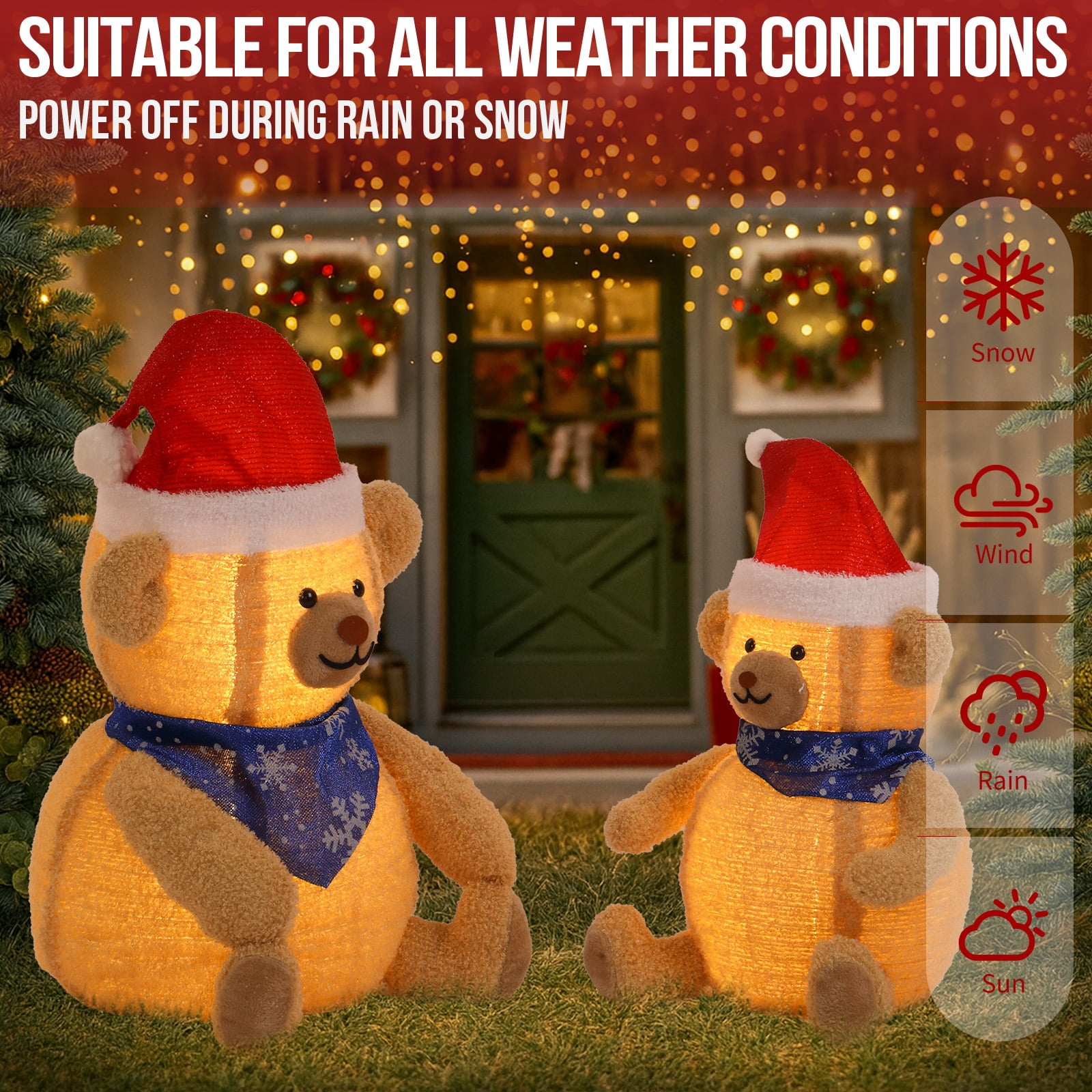 Astoutdoor Set of 2 Lighted Plush Bear Christmas Decorations, Pre-lit Pull Up Holiday Decor with 60 Warm White LED Lights for Indoor Outdoor Display
