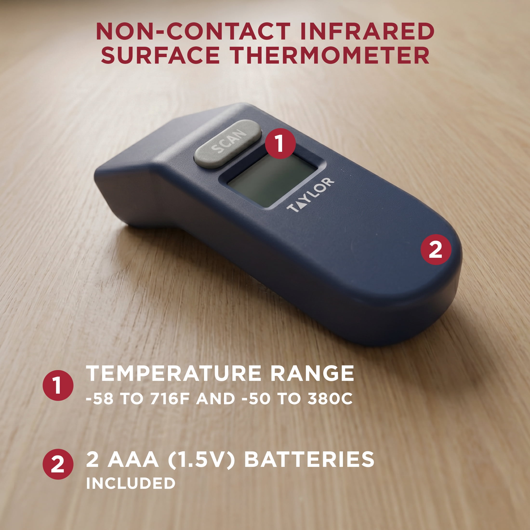 Taylor Non-Contact Infrared Surface Thermometer Gun for Grill & Pizza Oven, -58°F to 716°F