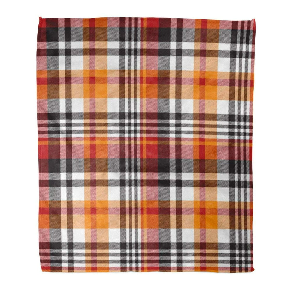 ASHLEIGH Flannel Throw Blanket Madras Orange Plaid Pattern Printing
