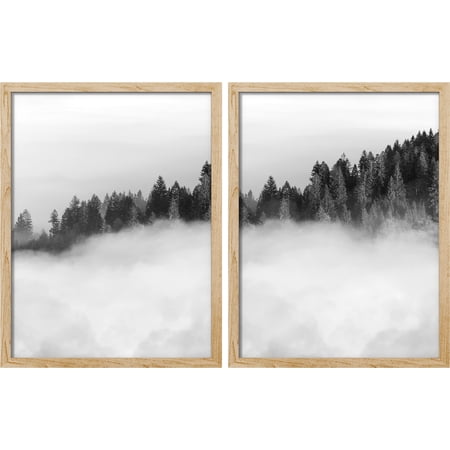 PixonSign Framed Wall Art Fog Mountain Forest Posters Set of 2 Nature Wilderness Misty Black & White Landscape Illustrations Wall Decor Adhesive Canvas Prints for Home Decor - 12 x16 Natural