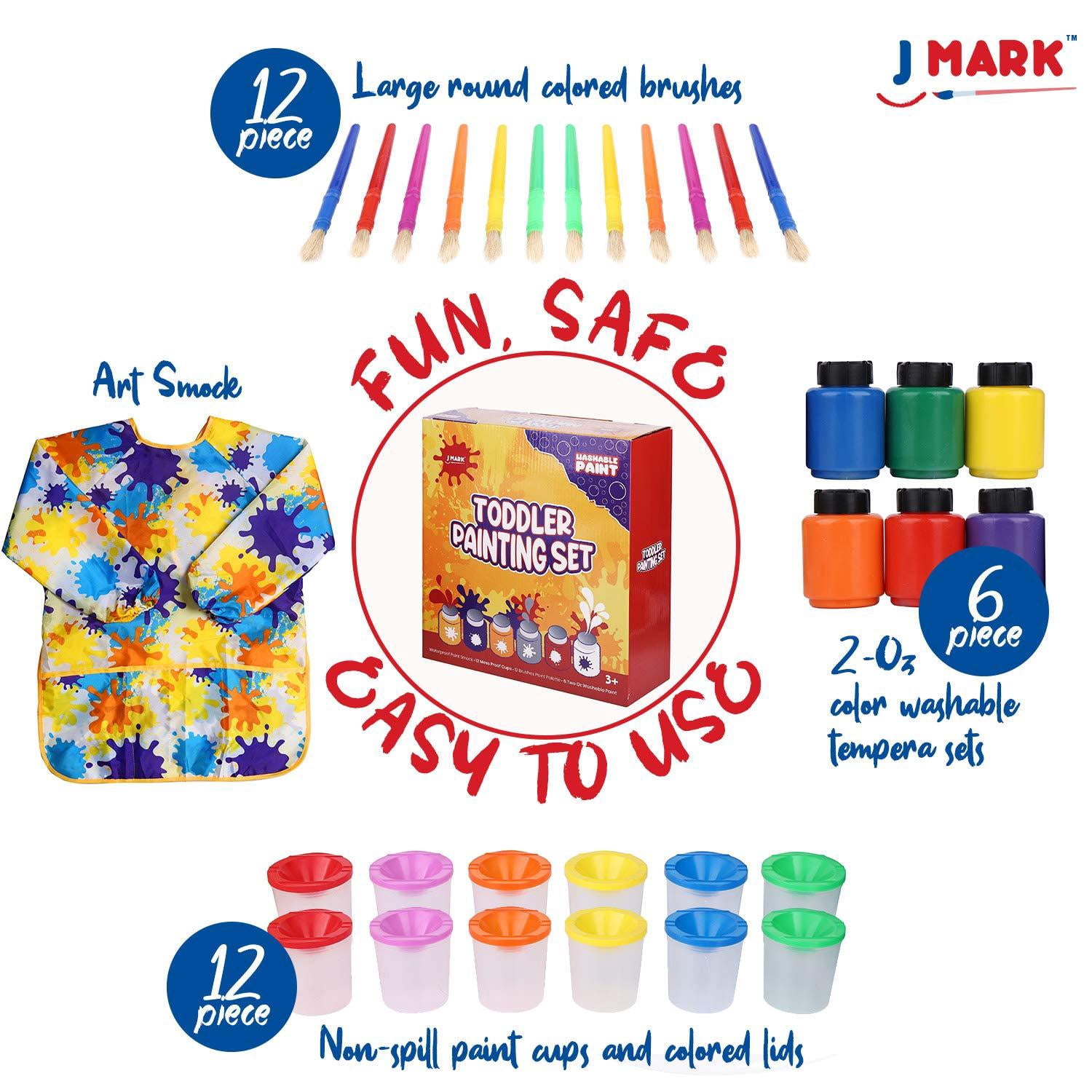 J MARK 43 Piece Toddler Painting Set – Spill Proof Paint Cups for Kids, Washable Kids Paint, Painting Tools, Kids and Toddler Paint Set with Art Smock and More