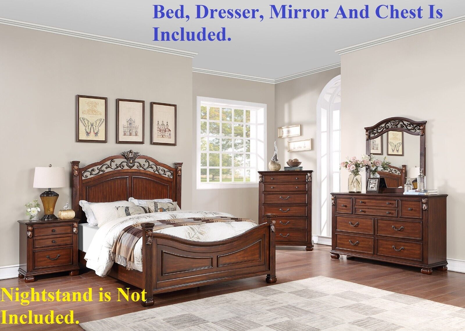 Royal Classic Traditional Eastern King Bed Dresser Mirror Chest Brown