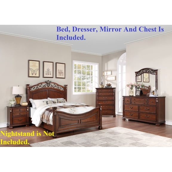 Royal Classic Traditional Eastern King Bed Dresser Mirror Chest Brown Finish 4pc Set Bedroom Furniture Gorgeous Headboard