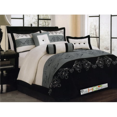 7 Pc Paisley Floral Embroidery Microfiber Comforter Set Gray Black