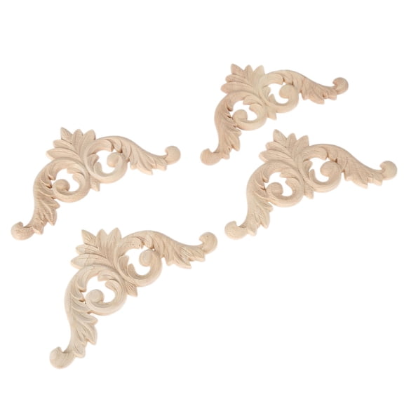 Wood Carved Corner Mouldings Onlay Applique Unpainted Furniture Decor 4Pcs 12x12cm