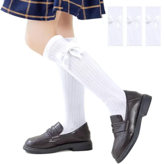 Girls Knee High Socks with Fluffy Ribbons Bow School Uniform Cotton 3 Pairs White Grey Black Party Plain Long Legg