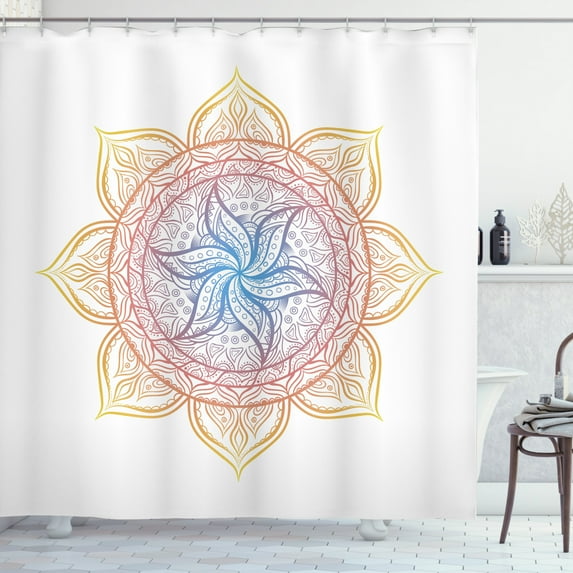 Rainbow Mandala Shower Curtain, Blossoming Flower Design Middle Eastern Culture Ornament Asian Zen Elements, Fabric Bathroom Set with Hooks, 69W X 75L Inches Long, Multicolor, by Ambesonne