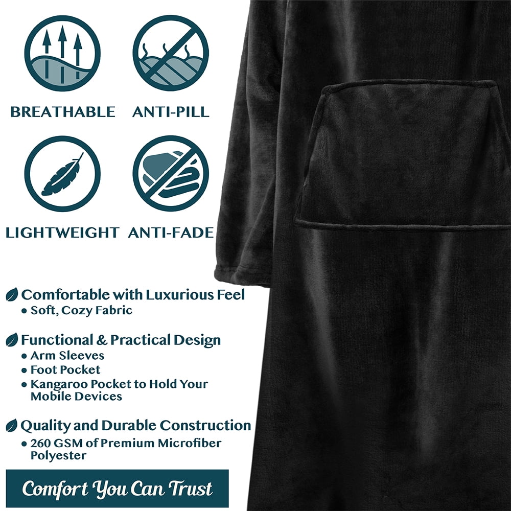 PAVILIA Fleece Blanket with Sleeves, Foot Pockets for Women Men Adults, Plush Wearable Blanket Throw Wrap, Warm Snuggle Blanket Robe, Cozy Gift Ideas Wife Mom, Black