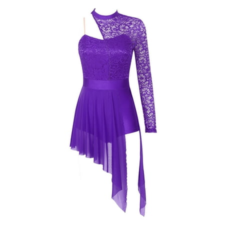 SiiRoh Womens Single Long Sleeve Lace Patchwork Lyrical Dance Dress Ballroom Modern Dancing Clothes Purple S