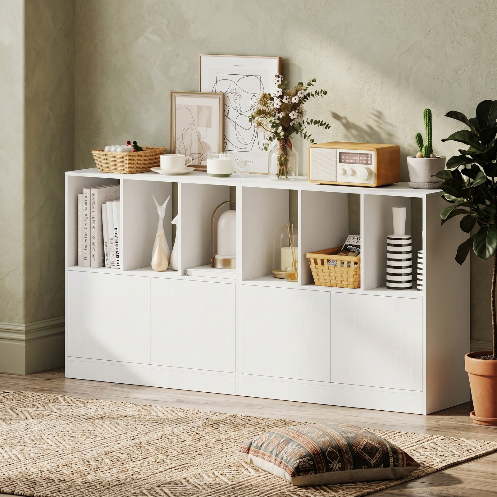 Furnibear 3-Cube Bookcase with Doors, 3-Tier Cube Bookshelf with 2-Door Storage Cabinet and Open Compartments, Anti-Tip Wood Cubby Organizer Shelf for Living, White