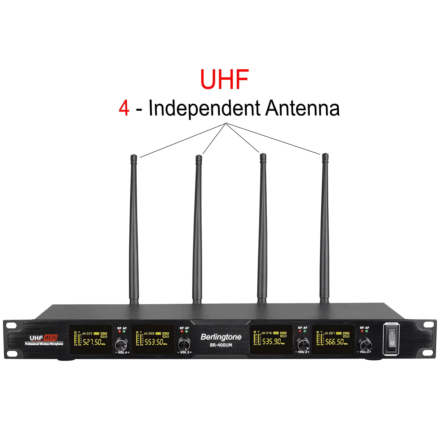 Berlingtone BR-400UM Professional 4-Channel UHF Wireless Handheld Dynamic Microphone Systems, Fixed Frequency Channel Metal Mic and receiver, Singing, Wedding, Church, DJ, karaoke, up to 260ft Range