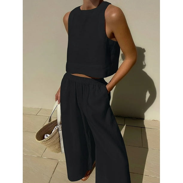 Conjunto de dos piezas para mujer, Top corto holgado de color negro y liso, informal, pantalones de pierna ancha, trajes elegantes, 2024