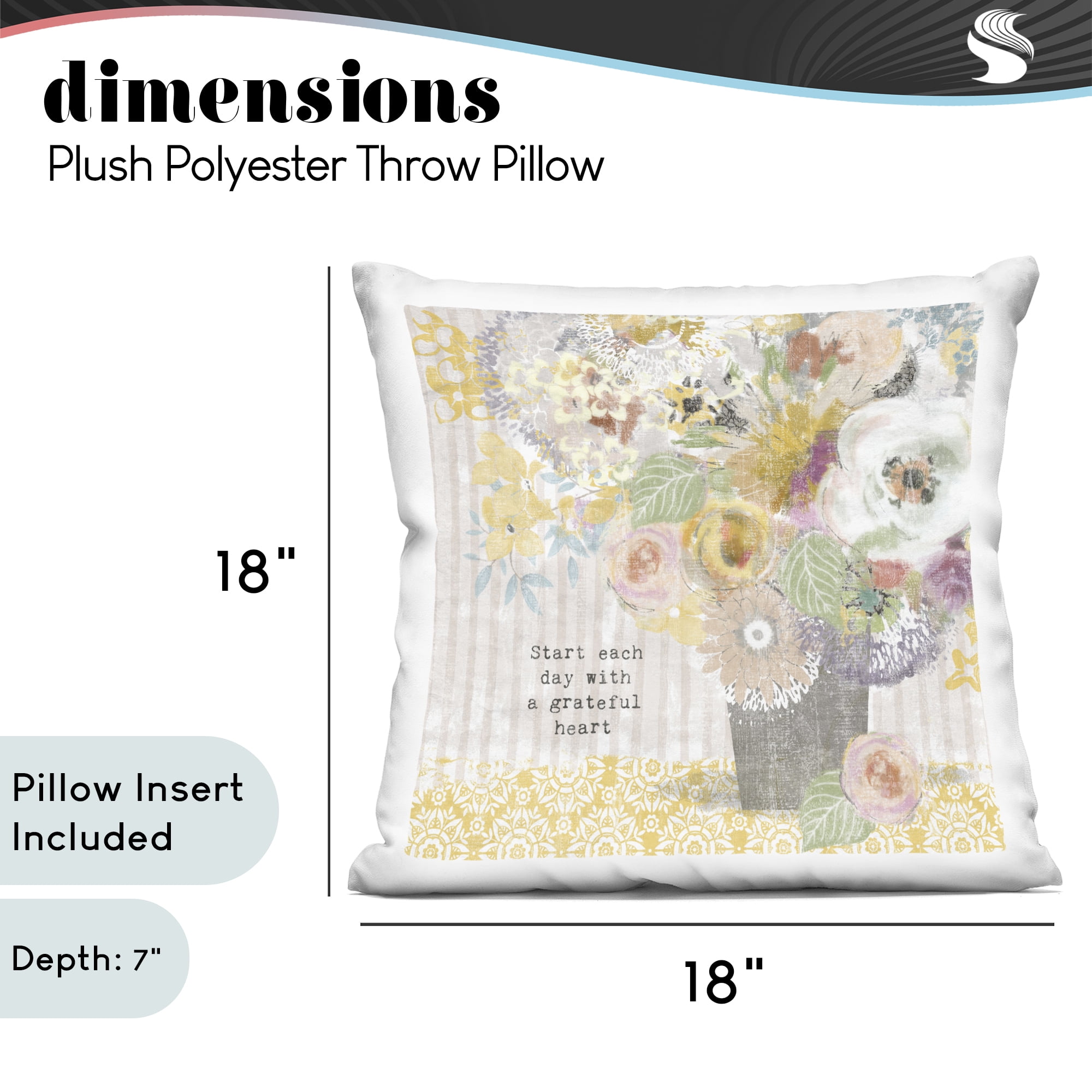 Stupell Industries Floral Inspirations Grateful Heart Decorative Printed Throw Pillow, design by Suzanne Nicoll, 18 x 7 x 18
